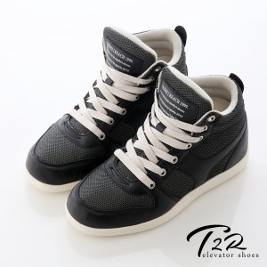 【T2R】拼接網布休閒高筒氣墊內增高休閒鞋↑8cm 黑