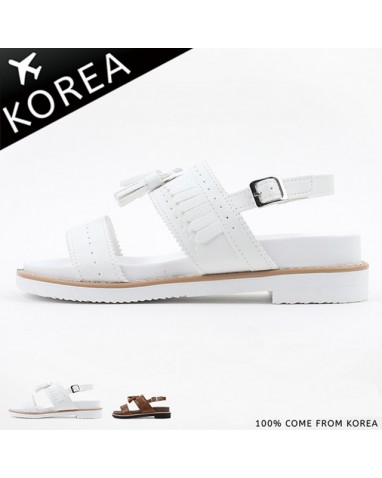 韓國空運 樂活夏日沖孔雙帶質感流蘇金屬扣涼鞋 白