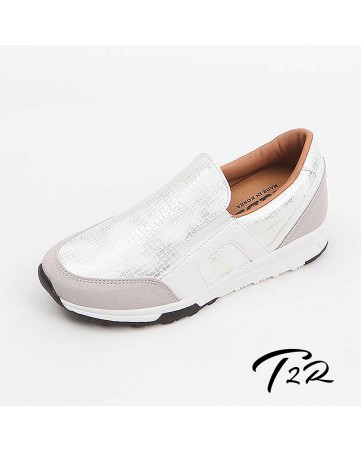 【T2R手工訂製增高鞋】皮革質感拼接幾何麂皮休閒隱形增高鞋-白-增高5公分