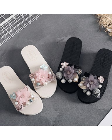 韓國空運 夏季新款花朵海邊沙灘鞋時尚中跟軟底涼拖鞋